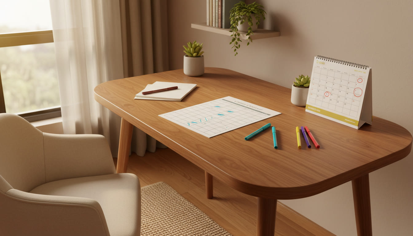 Photo Idea : A desk with a printed chapter checklist, a colored pen marking completed topics, and a calendar showing mock test days