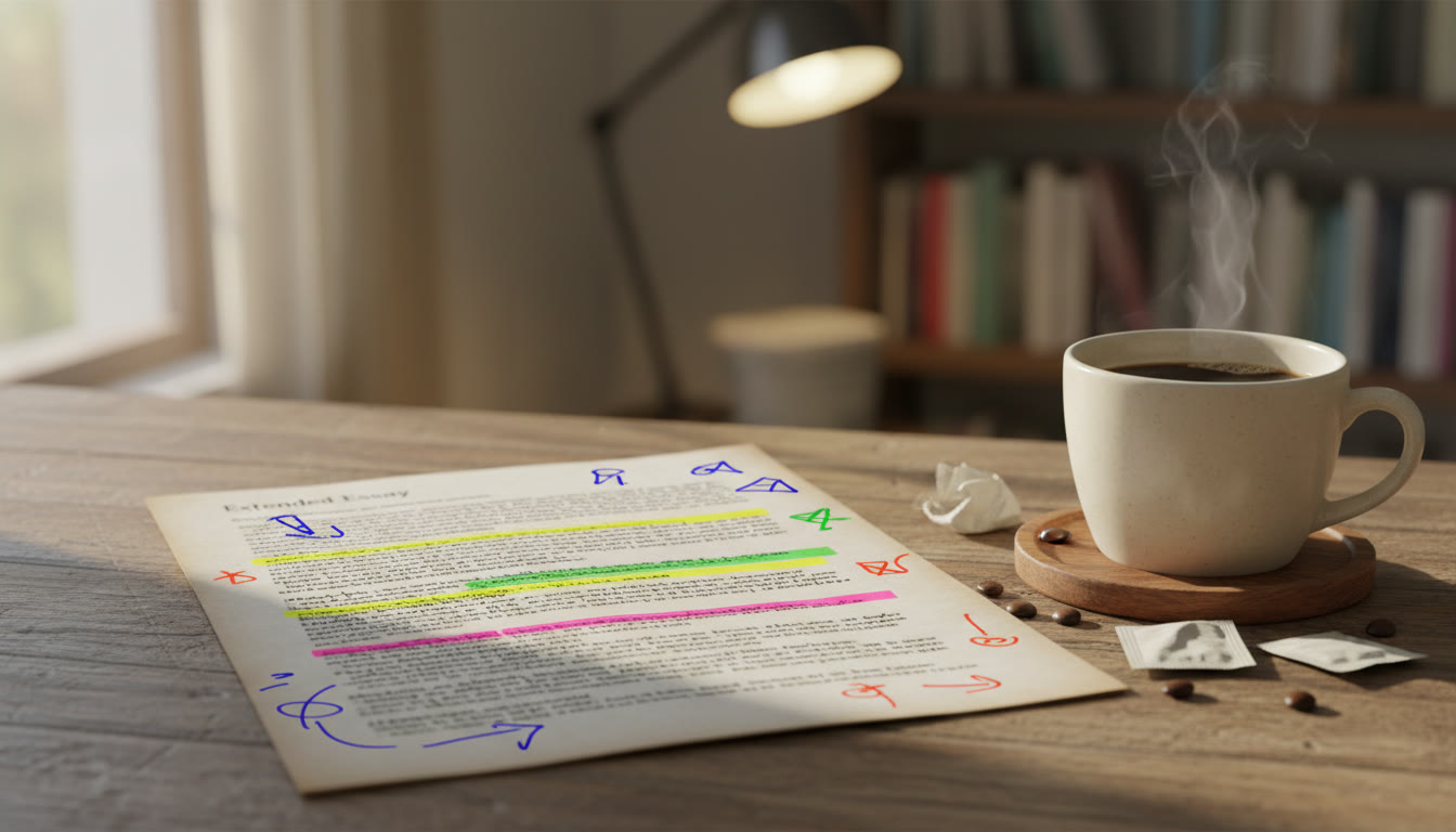 Photo Idea : Close-up of an Extended Essay draft with highlighted notes and a cup of coffee