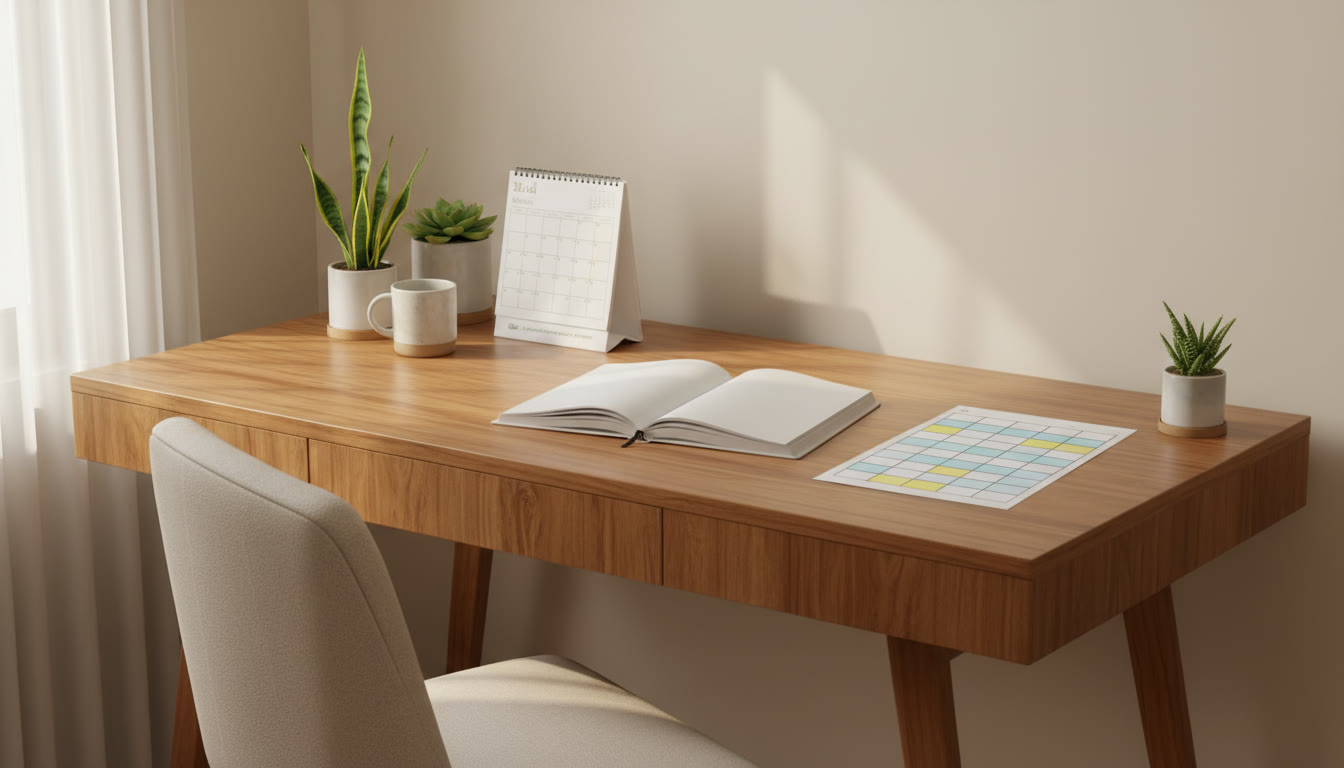 Photo Idea : A student’s desk with an open notebook, calendar, and color-coded timetable