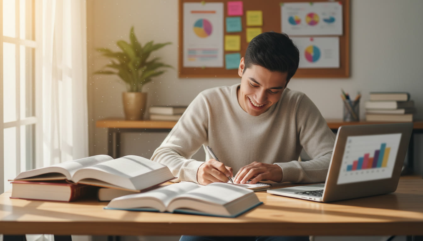 Photo Idea : Student writing at a desk with open IB textbooks and a laptop