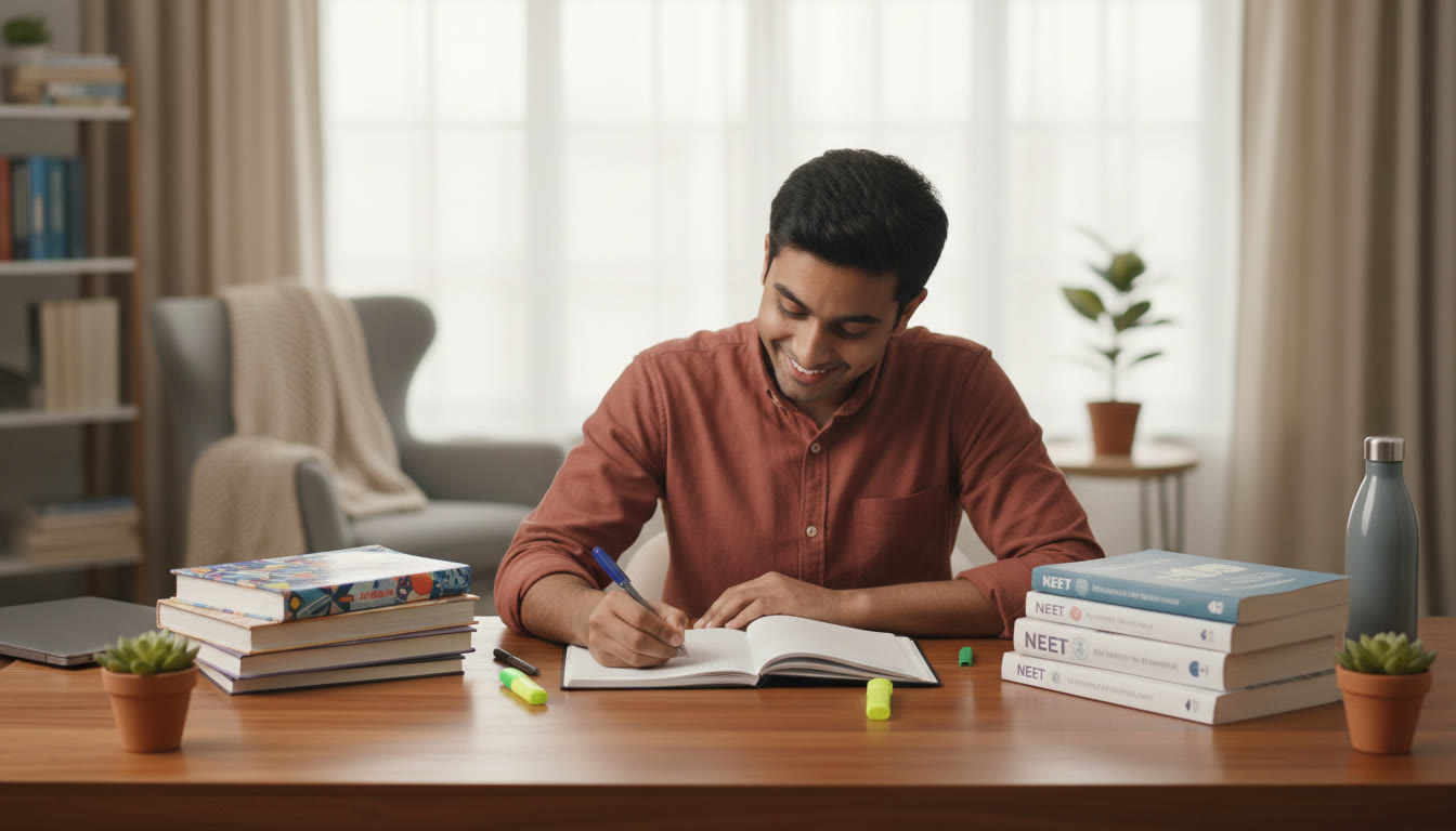 Photo Idea : A focused student at a desk with school textbooks on one side and NEET prep materials on the other, a planner in the center.