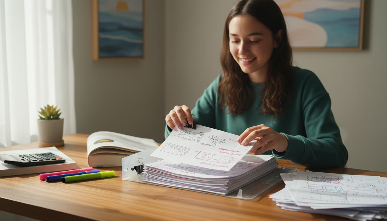 Photo Idea : A student organizing a neat folder of mock exam papers and annotated teacher feedback