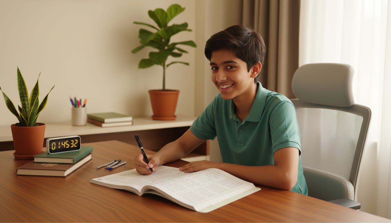 Photo Idea : A student filling an OMR sheet with a visible timer and neat workspace