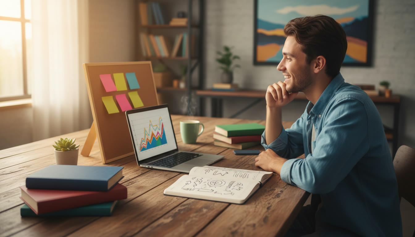 Photo Idea : Student at a wooden study table with an open notebook, laptop, and subject-specific books, looking thoughtfully at sticky notes