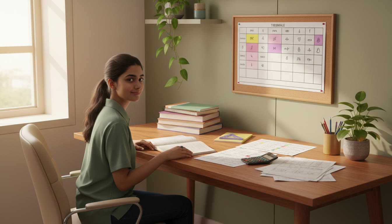 Photo Idea : A focused student at a desk with school books on one side and JEE practice sheets on the other, a neat timetable pinned above.