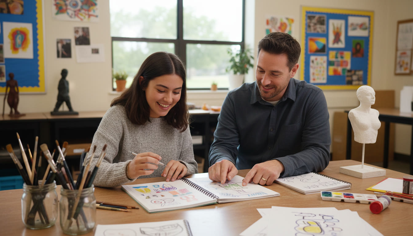 Photo Idea : Teen reviewing a printed portfolio with a teacher in a bright classroom