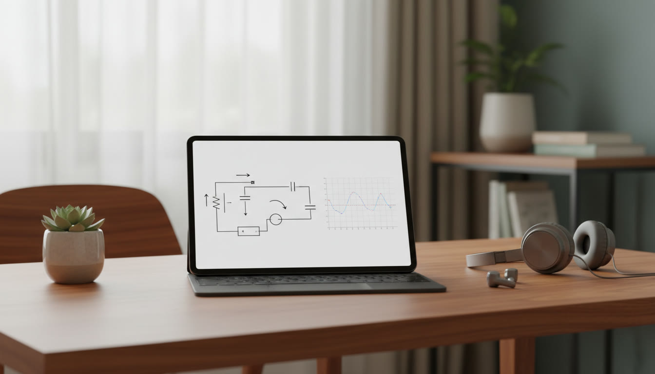 Photo Idea : Cleanly drawn circuit diagram with labels, arrows for current direction, and a small graph next to it