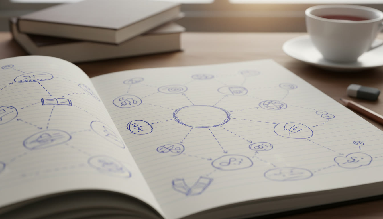 Photo Idea : a close-up of a student’s notebook with hand-drawn concept map linking themes and citations