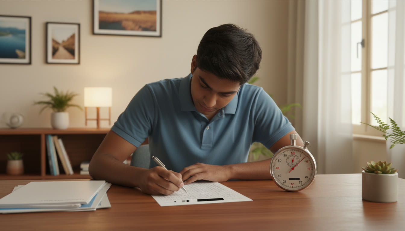 Photo Idea : A focused student taking a timed three-hour mock test at a desk with a stopwatch and OMR sheet