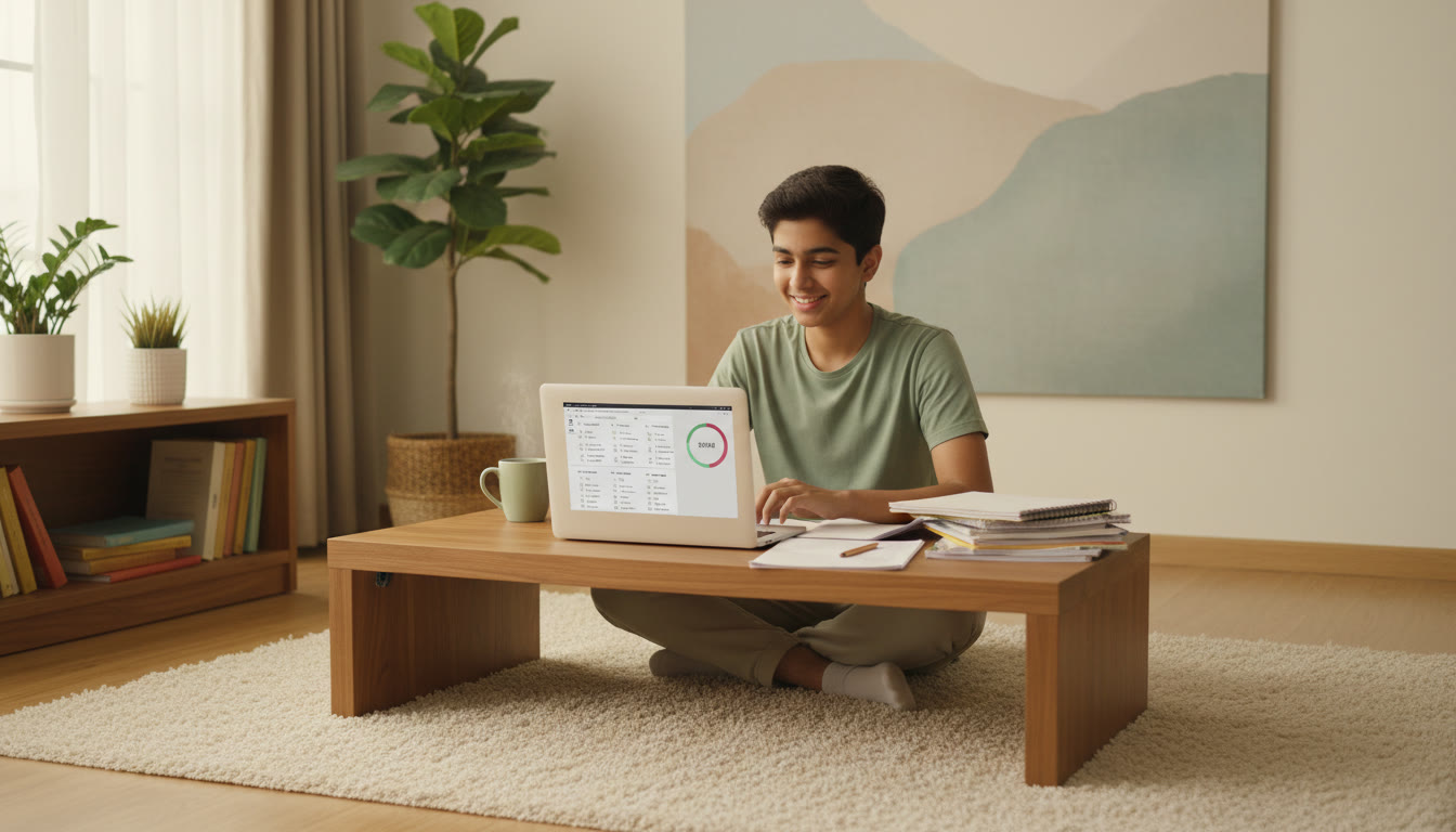 Photo Idea : Student taking a full-length JEE mock on a laptop with a visible countdown timer and notes beside them