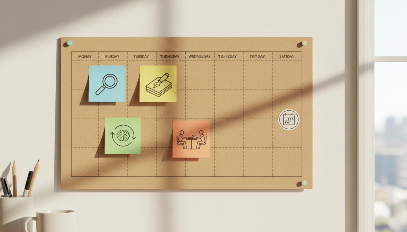 Photo Idea : A modest weekly wall planner with colored sticky notes labeled research, write, revise, and supervisor meeting