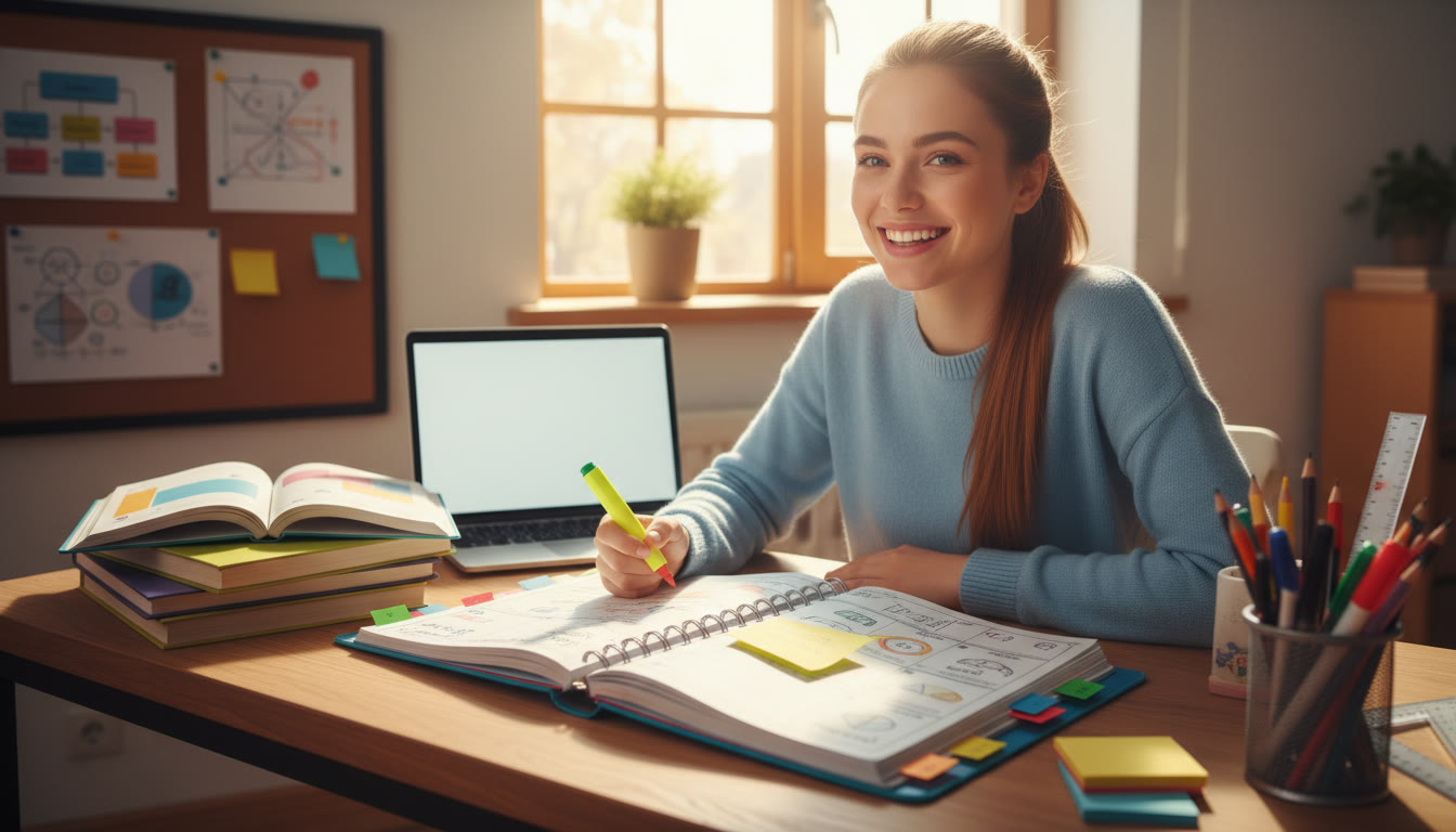 Photo Idea : Student at a tidy desk with a color-coded planner, stationery, and an open textbook