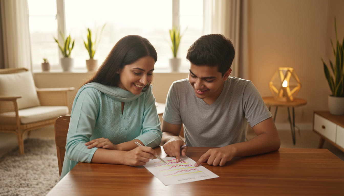 Photo Idea : A tutor and student discussing a mock test report, pointing at a paper with highlighted mistakes