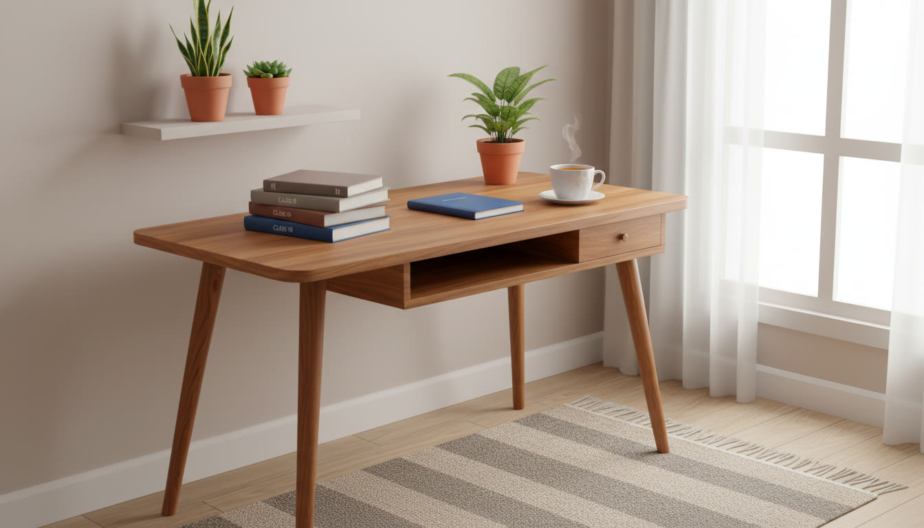 Photo Idea : A neat study desk with a stack of textbooks labelled Class 9 and Class 10, a notebook, and a cup of tea