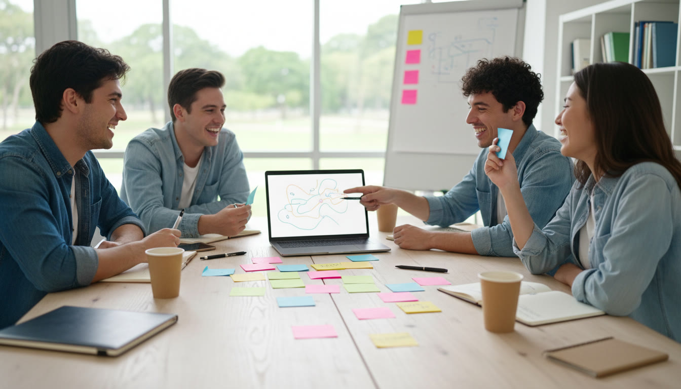 Photo Idea : Small team around a table planning a community project with sticky notes and a laptop