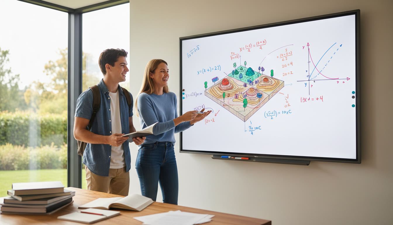 Photo Idea : Tutor and student discussing a plotted model on a whiteboard with equations and a graph
