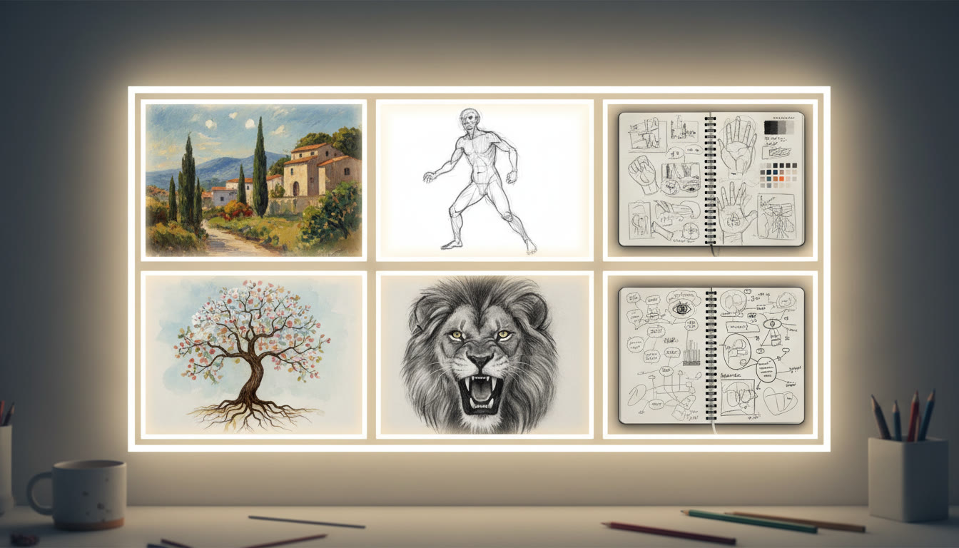 Photo Idea : A neat, well-lit digital portfolio grid showing paintings, sketches, and a notebook of process sketches