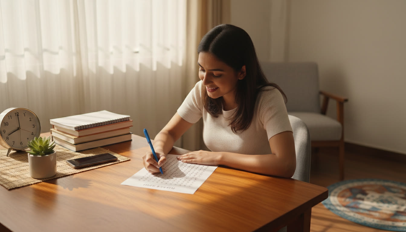 Photo Idea : Student taking a timed mock exam in a quiet room, pen filling an OMR sheet, phone turned off on desk
