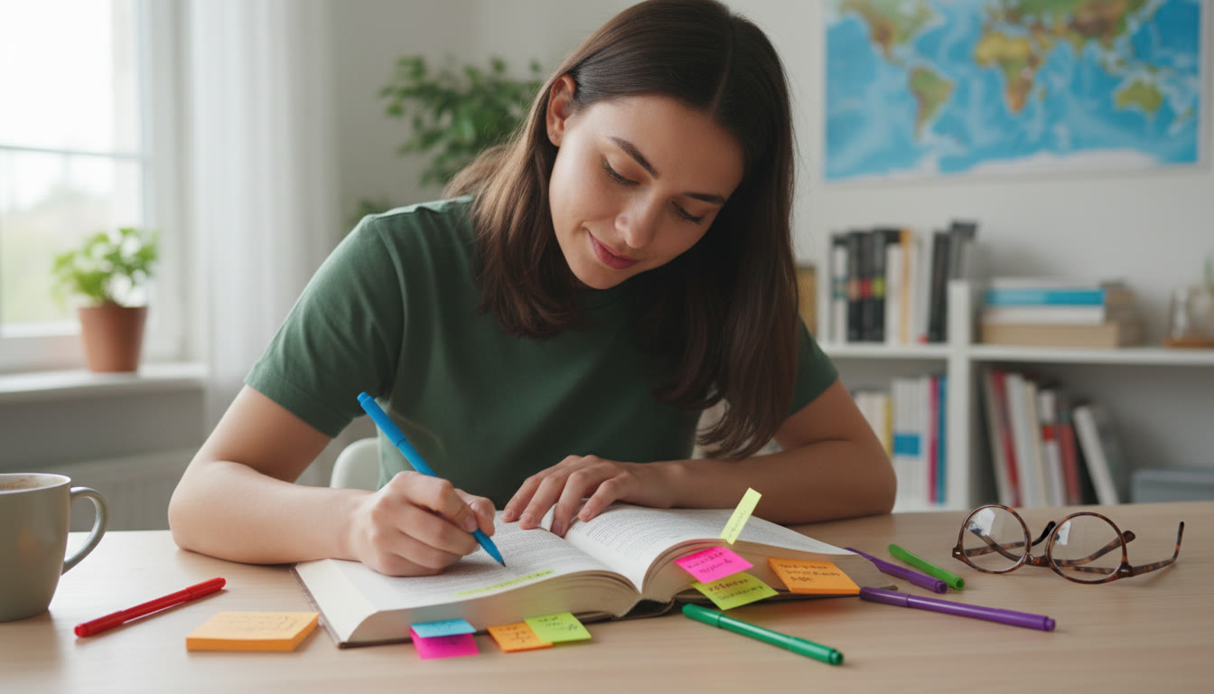Photo Idea : A focused student marking a French text with colored pens and sticky notes on a desk