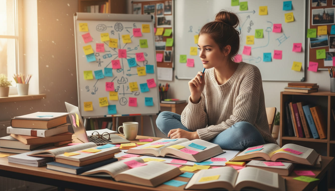 Photo Idea : A thoughtful DP1 student at a desk surrounded by textbooks and colorful sticky notes mapping interests