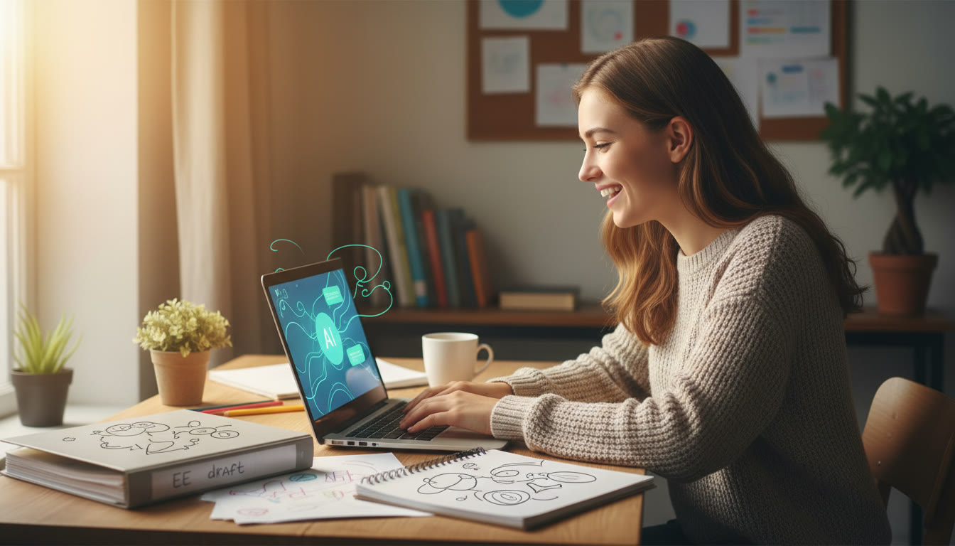 Photo Idea : A student at a desk typing on a laptop with an AI chatbot open, surrounded by notebook sketches and an EE draft