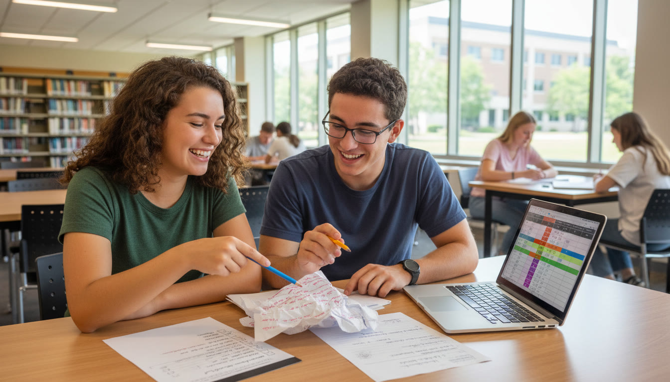 Photo Idea : Two students comparing a marked past paper with a checklist and a laptop displaying a markscheme