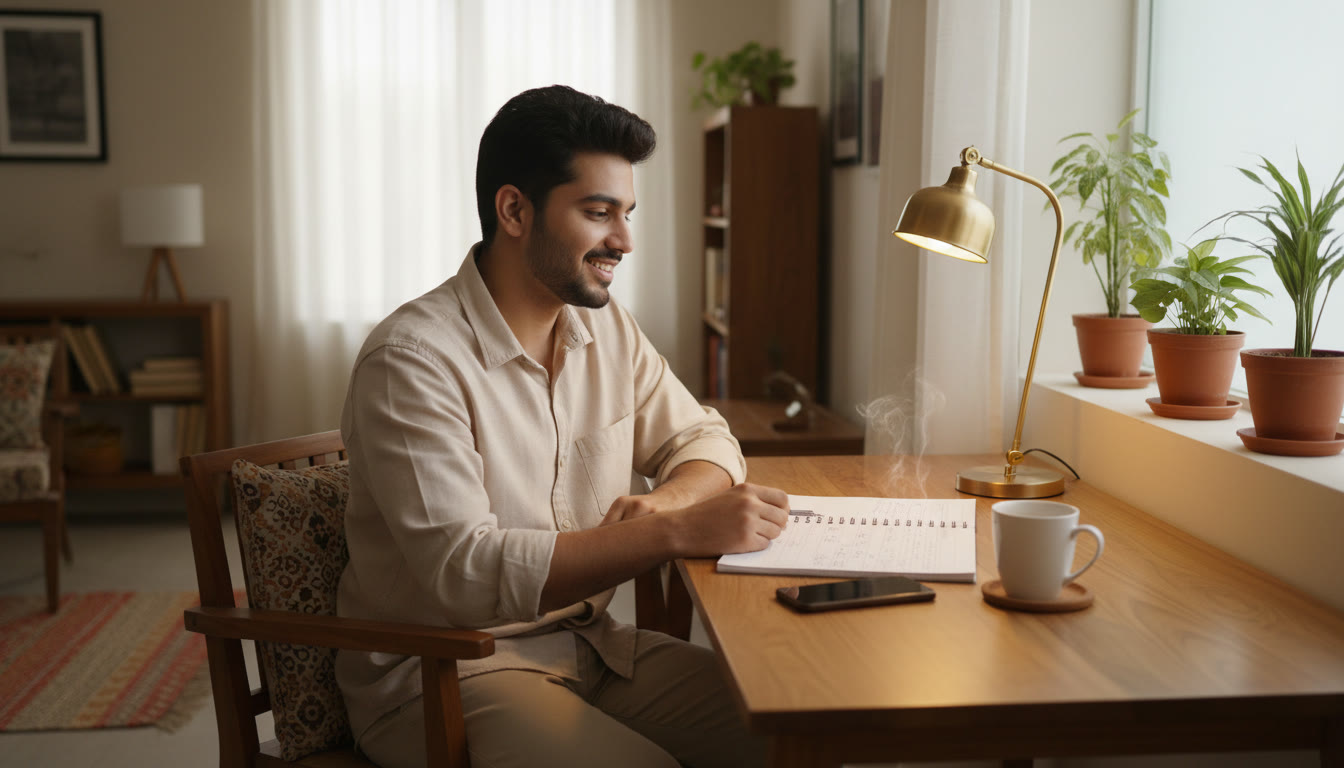 Photo Idea : Student at a desk with a closed phone, notebook, and a cup of tea, warm lamp light