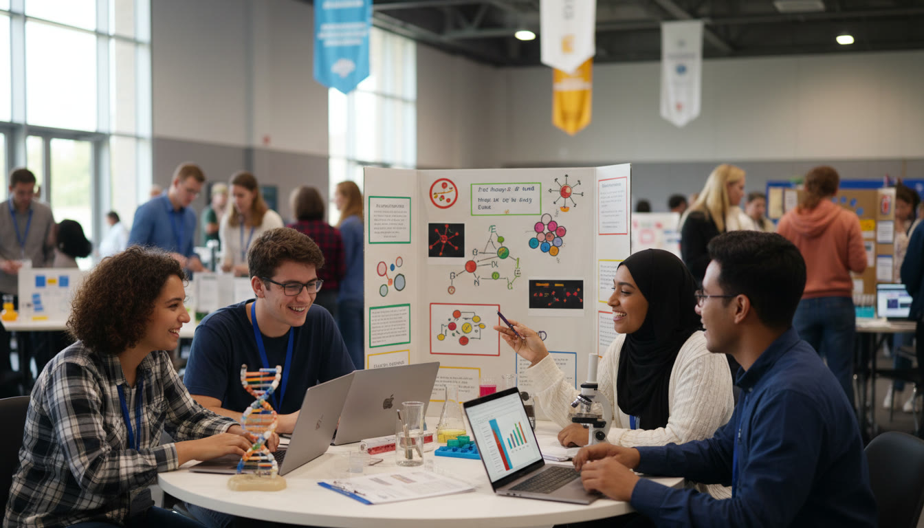 Photo Idea : A small group of IB students collaborating around laptops and a poster board at a science fair