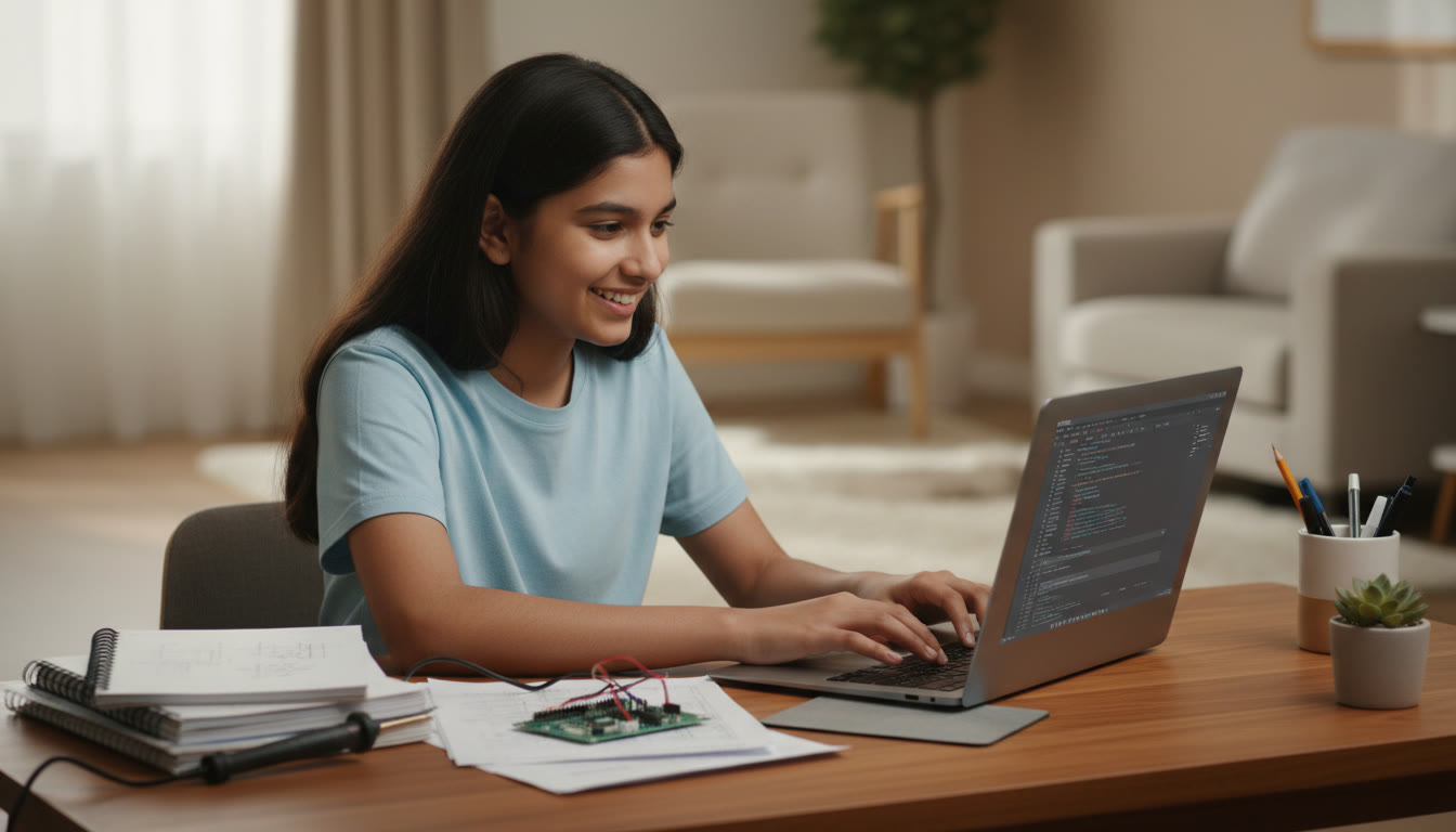 Photo Idea : A student programming on a laptop with printed notes and a small circuit board on the desk