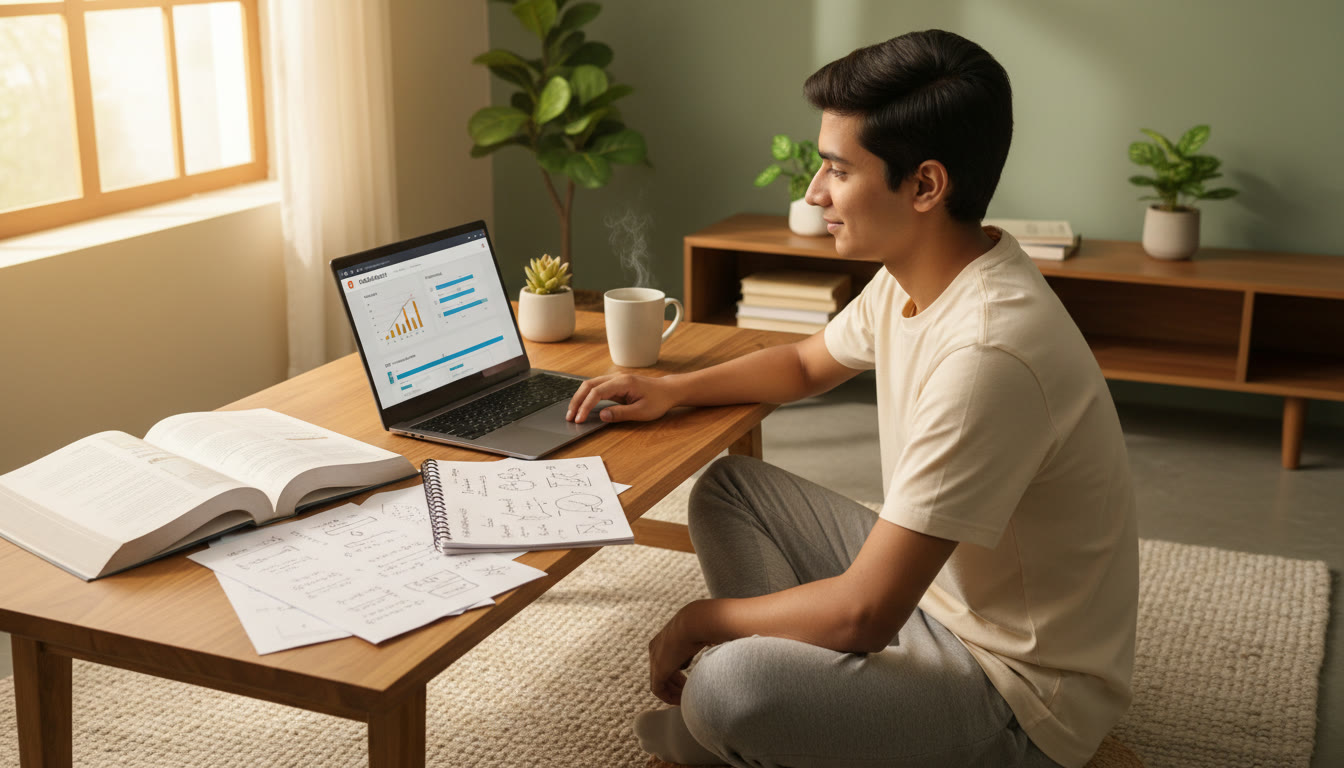 Photo Idea : A focused student at a tidy desk with open textbooks, notes, and a laptop displaying a full-length mock test