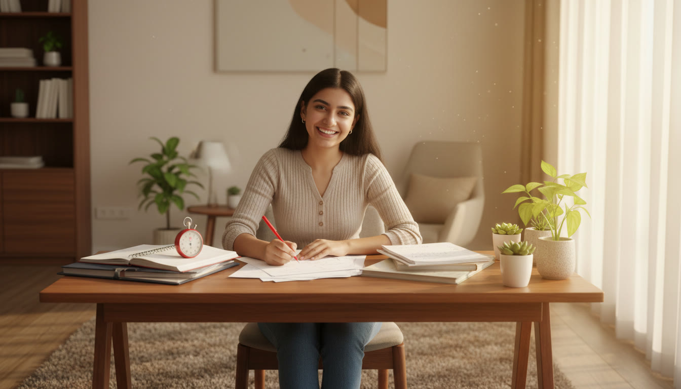 Photo Idea : A student marking a practice paper at a table with a stopwatch and notes