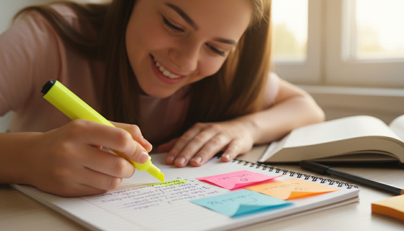 Photo Idea : Close-up of a student drafting an essay outline on lined paper with a highlighter and sticky notes.