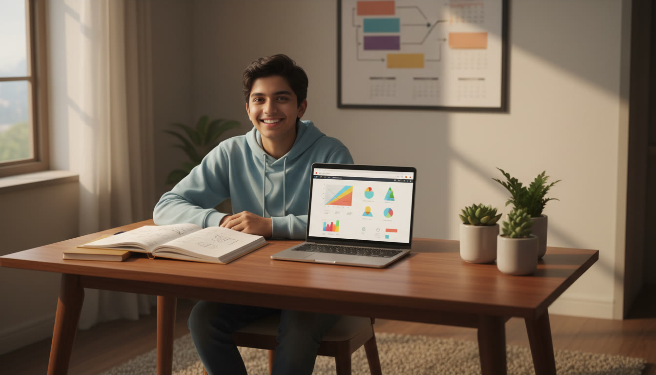 Photo Idea : A student at a desk with notebooks, a laptop showing a practice test, and a wall calendar labeled 