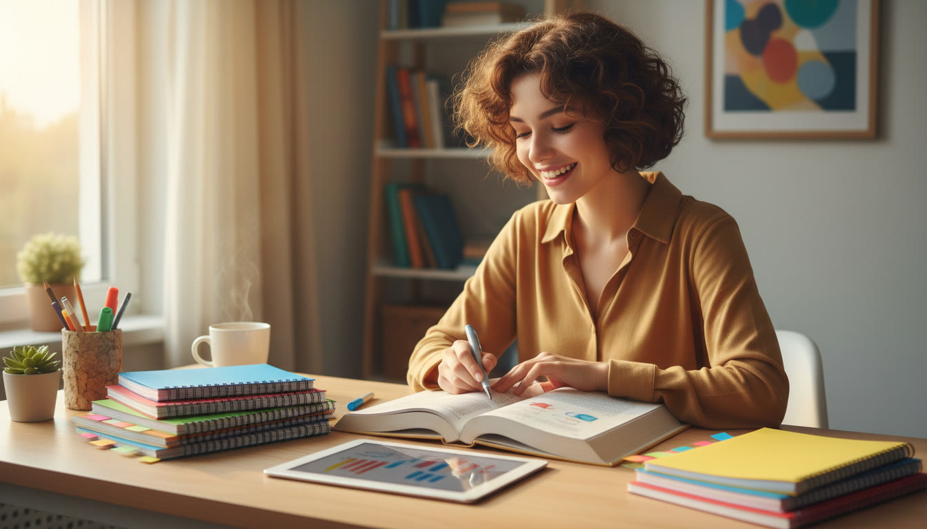 Photo Idea : student at a tidy desk with color-coded notebooks, an open HL textbook, and warm morning light
