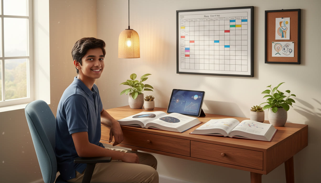 Photo Idea : Student at a tidy study desk with physics, chemistry, and math books open and a visible timetable on the wall