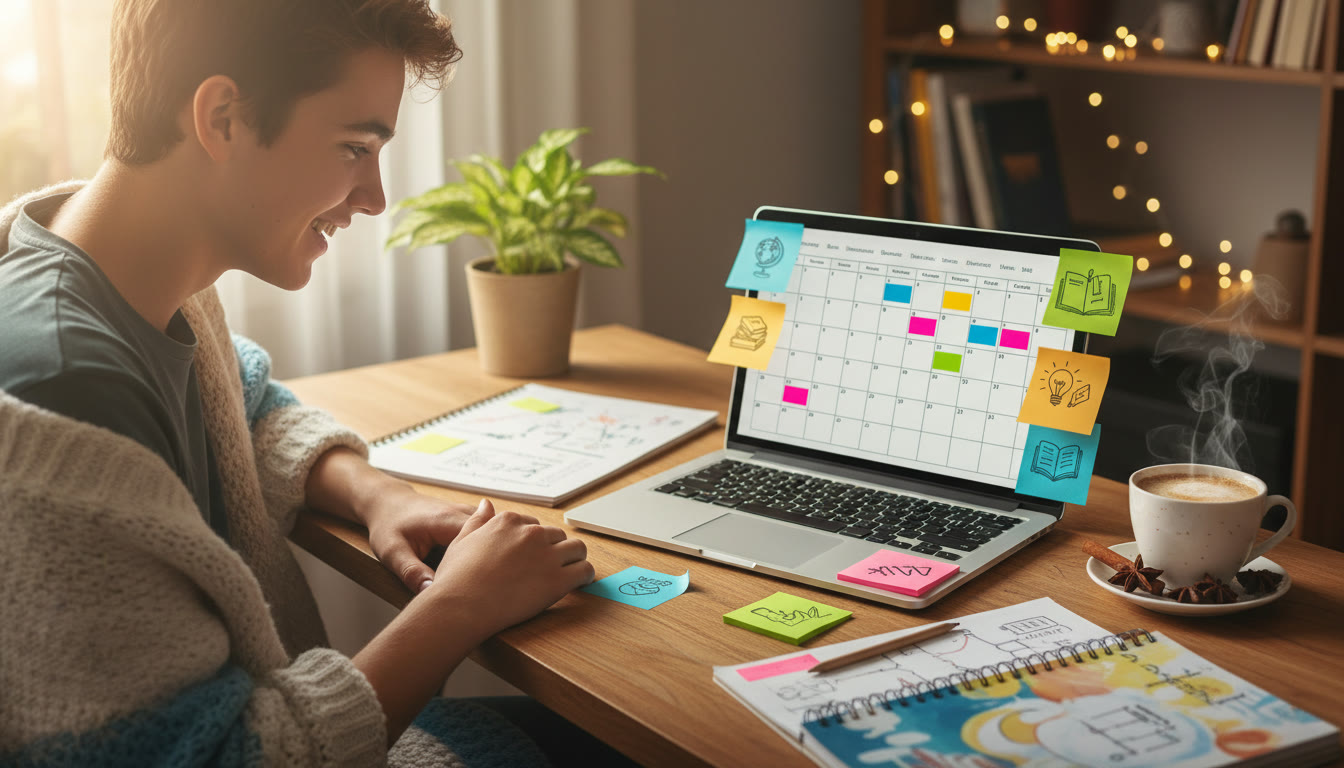 Photo Idea : A student at a cozy desk with a laptop, colorful notes, and a warm drink, planning a study calendar