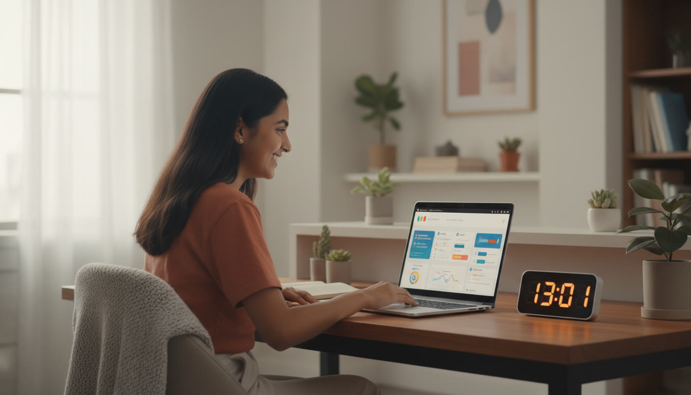 Photo Idea : a student at a study desk with an open mock test on a laptop and a timer counting down