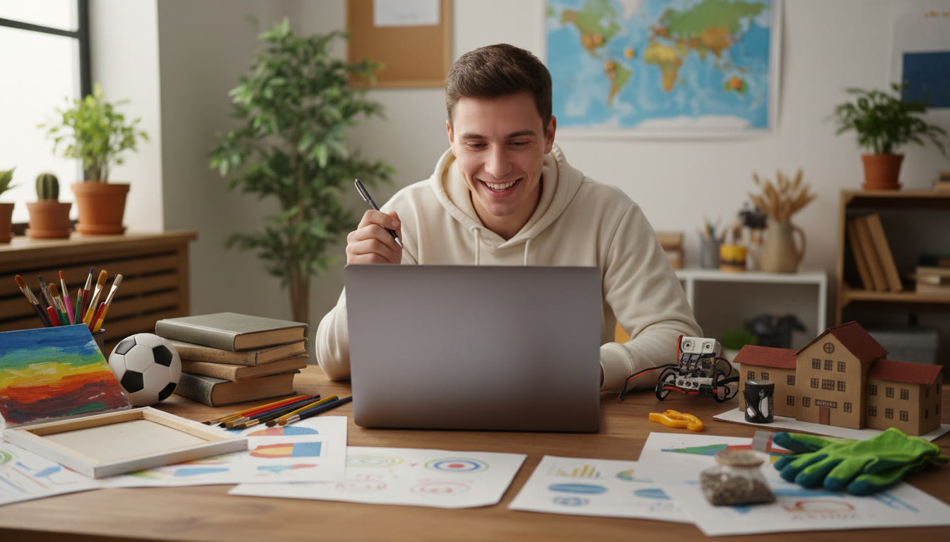 Photo Idea : Close-up of a student writing a CAS reflection on a laptop, surrounded by project materials