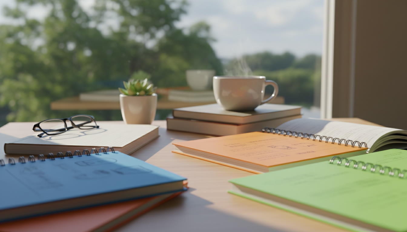 Photo Idea : A calm study desk with colorful IB notebooks, a tea mug, and soft morning light