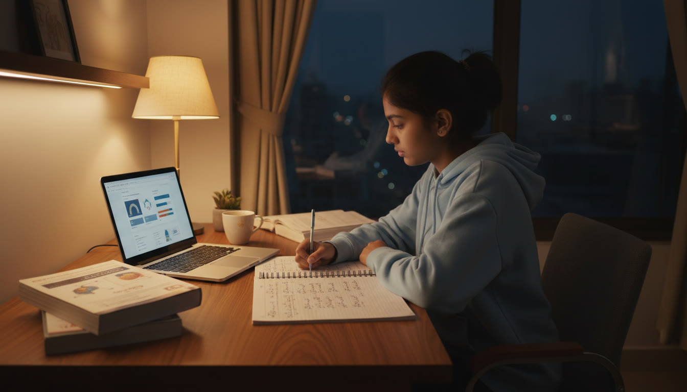 Photo Idea : A focused student studying at a desk late at night with textbooks, a notebook full of solved problems, and a laptop showing a mock test interface