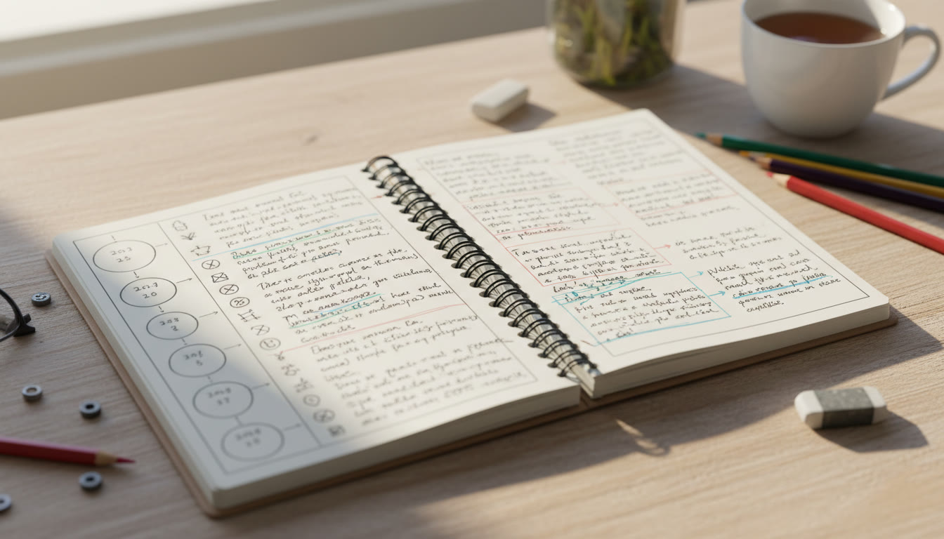 Photo Idea : Close-up of a handwritten research notebook with dates, sources, and annotations