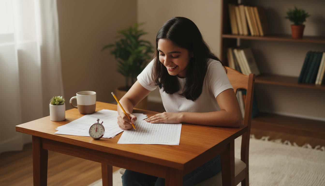 Photo Idea : student taking a timed mock test at a desk with stopwatch and OMR sheet