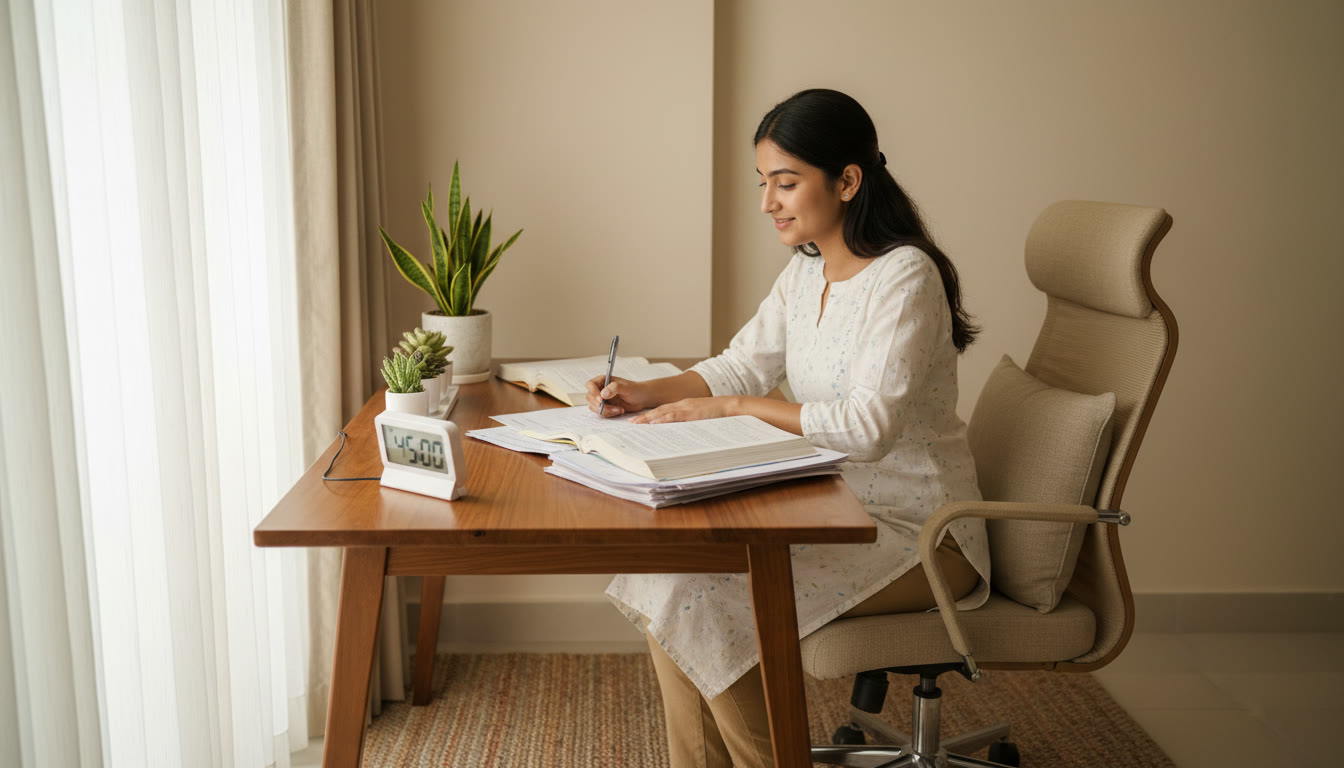 Photo Idea : A focused student at a desk with practice papers, a timer, and a calm expression
