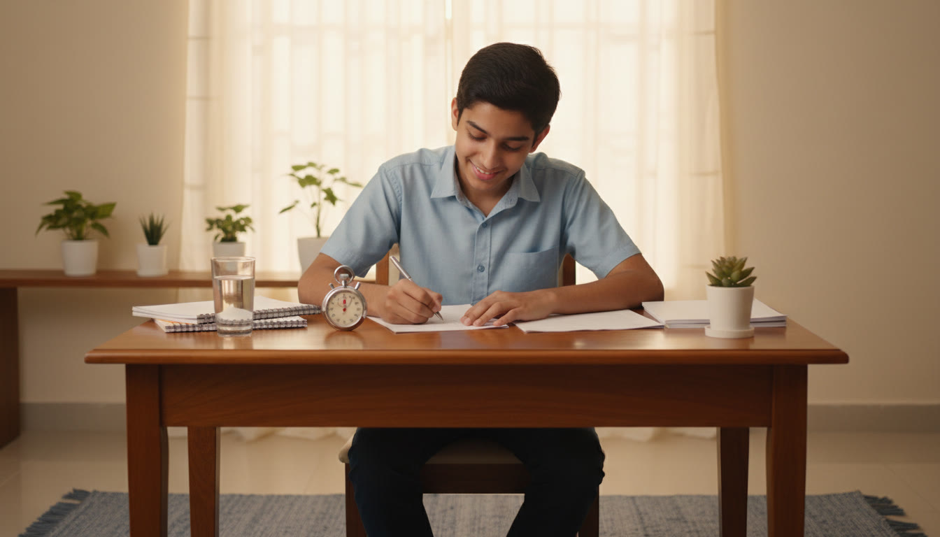 Photo Idea : Student taking a timed full-length mock exam at a desk with a stopwatch and answer booklet