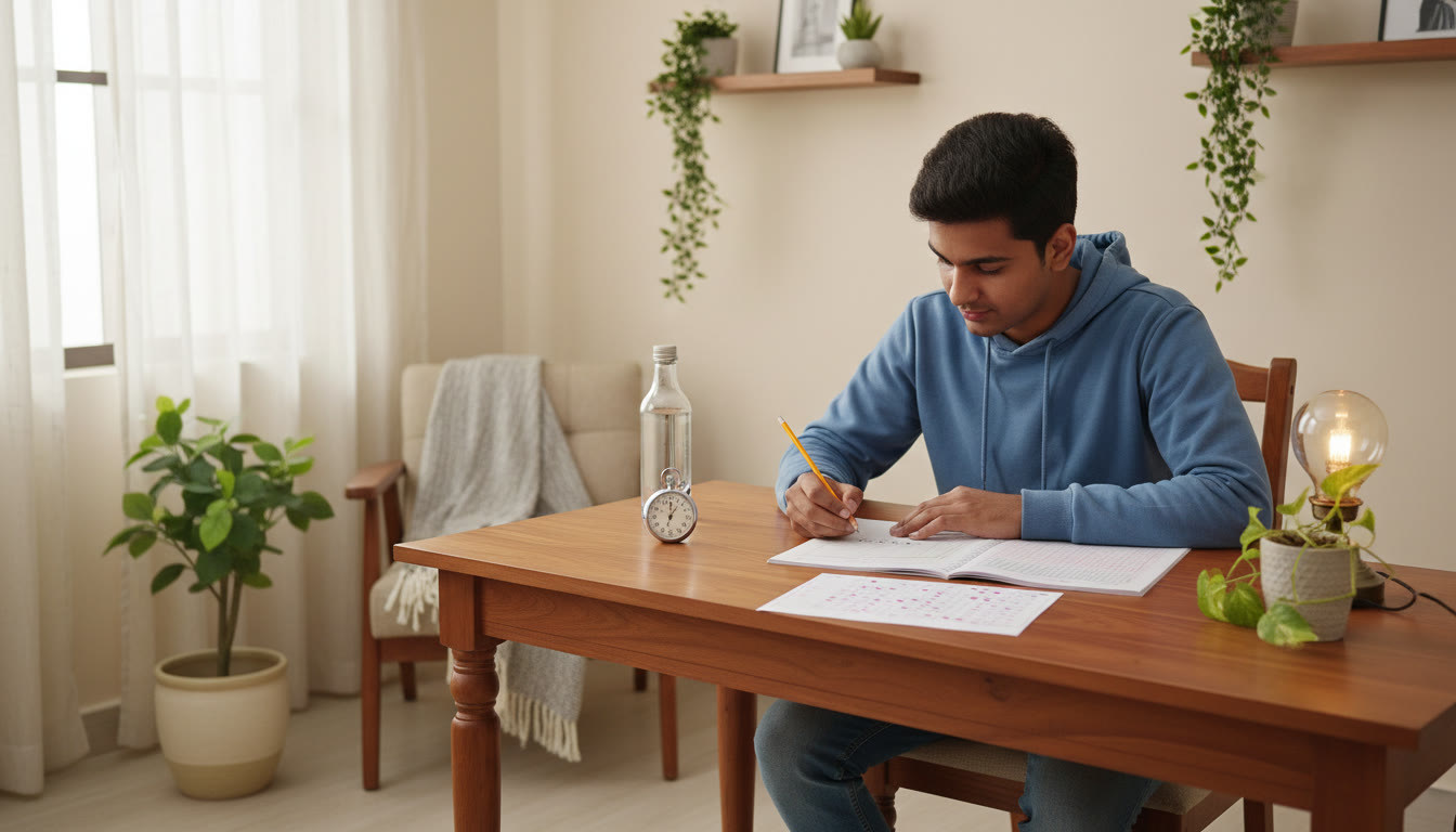 Photo Idea : A focused student taking a full-length mock test at a desk with a stopwatch and an OMR sheet