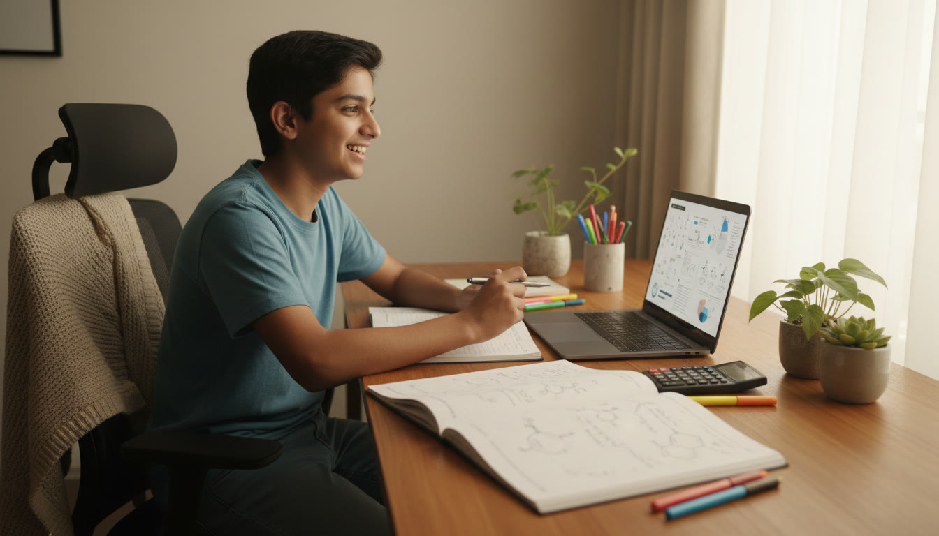 Photo Idea : A focused student at a desk surrounded by Physics, Chemistry, and Math notebooks, highlighting study materials and a laptop