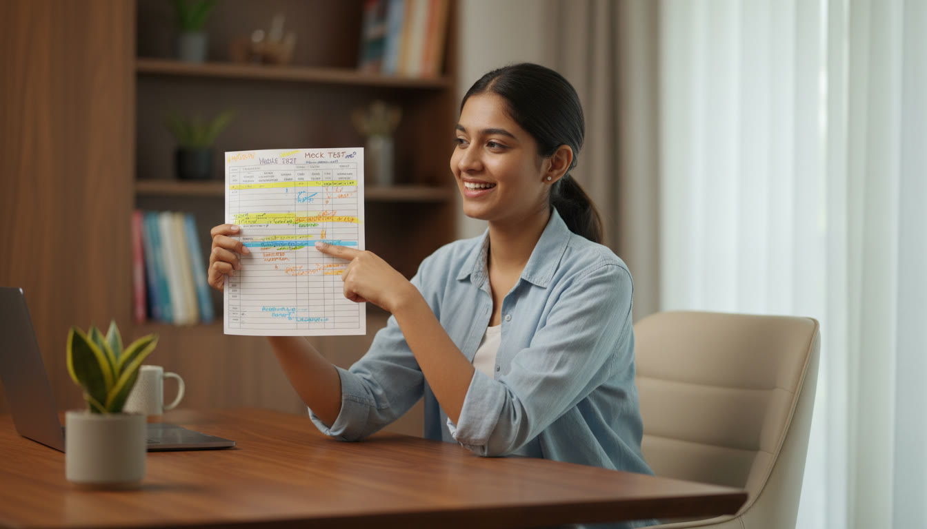 Photo Idea : A student checking a printed mock test scorecard with highlights and notes