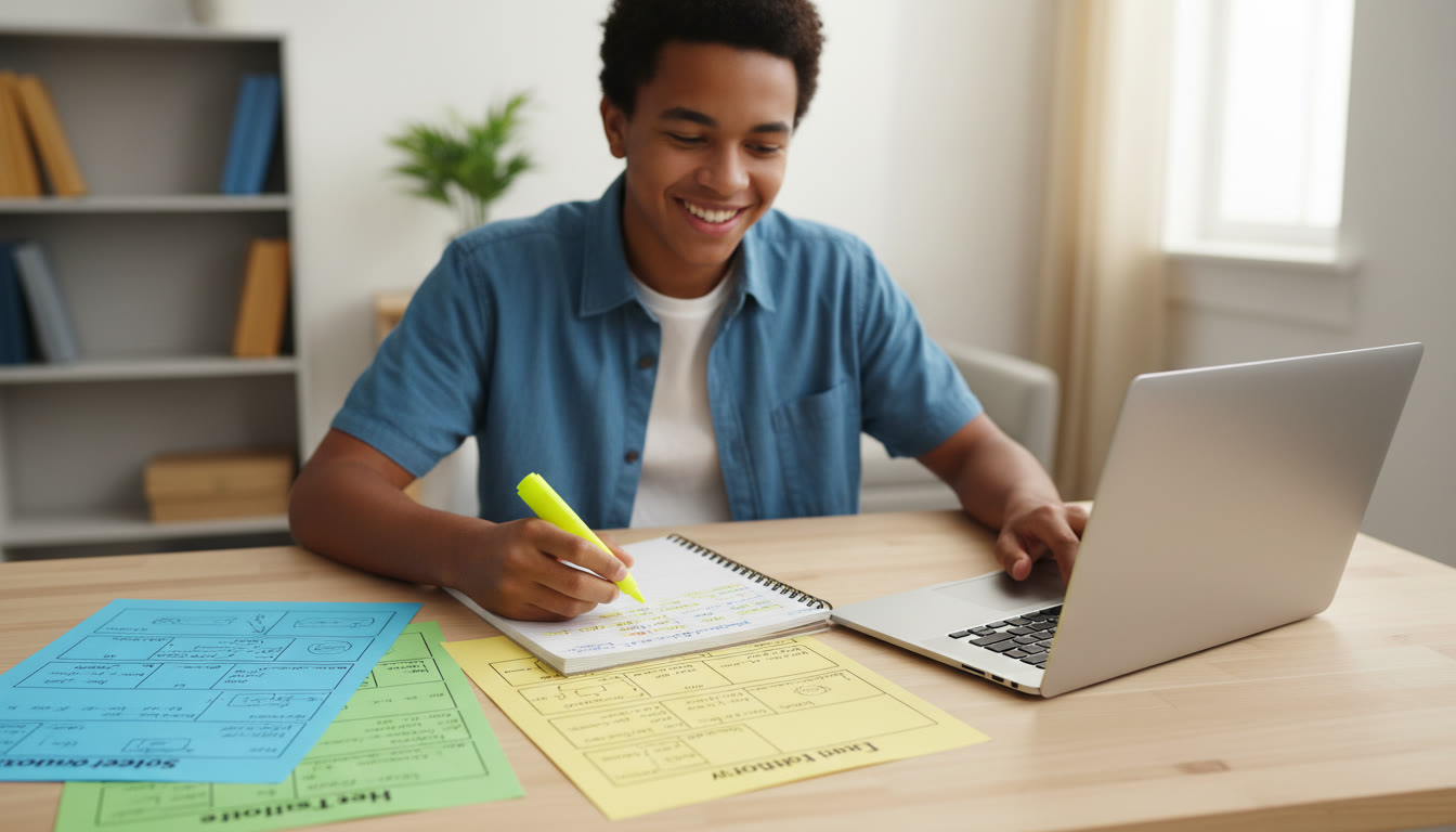 Photo Idea : student at desk with open notebook, color-coded outline sheets, laptop and highlighter