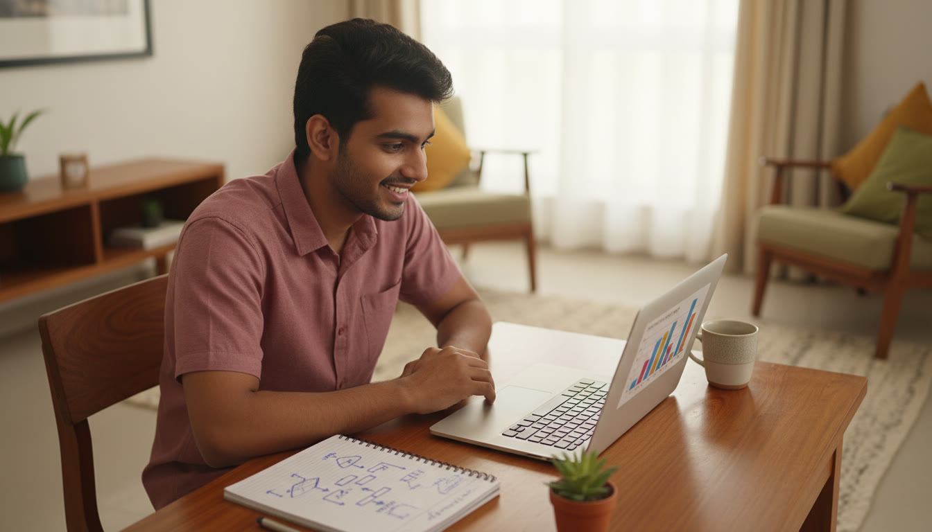 Photo Idea : A student analyzing a mock test result on a laptop, with a notebook open showing an error log and revision plan.