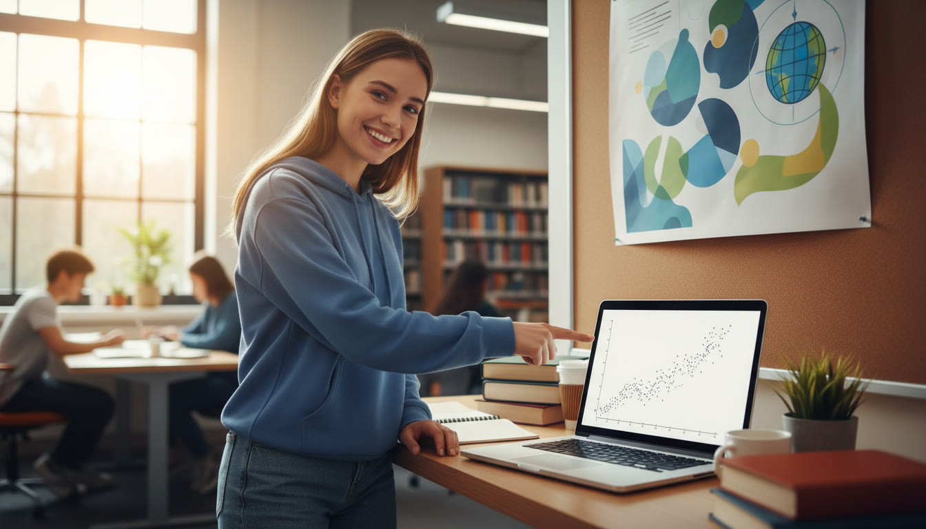 Photo Idea : Student standing beside a laptop and poster, pointing to a clear scatterplot on the screen